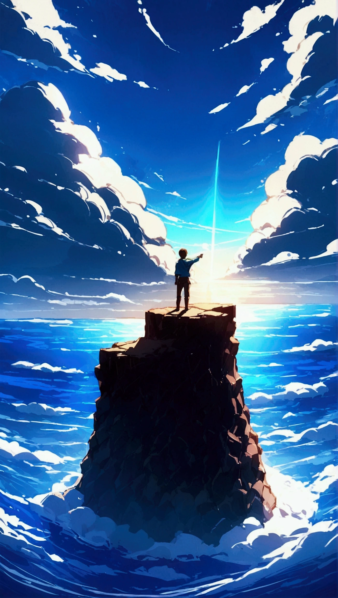 Eren from Attack on Titan standing on a cliff, pointing towards the vast sea under a bright blue sky with scattered clouds