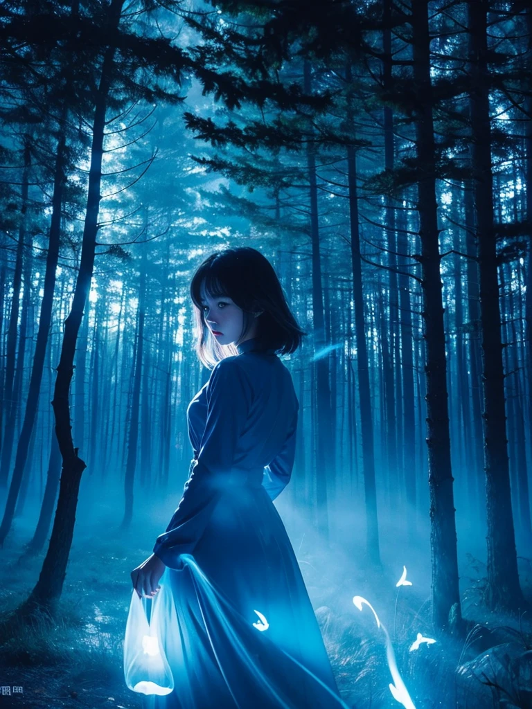 Blue Flame、ghost、Dark Forest、night、深night、Red eyes、Apparition、mysterious、lake、Foggy、turn around、spirit、Illusion、woman、turn around、Hair fluttering in the wind、Copyright circumvention、Blue light、