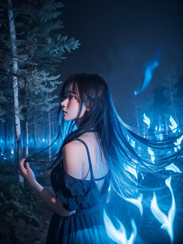 Blue Flame、ghost、Dark Forest、night、深night、Red eyes、Apparition、mysterious、lake、Foggy、turn around、spirit、Illusion、woman、turn around、Hair fluttering in the wind、Copyright circumvention、Blue light、