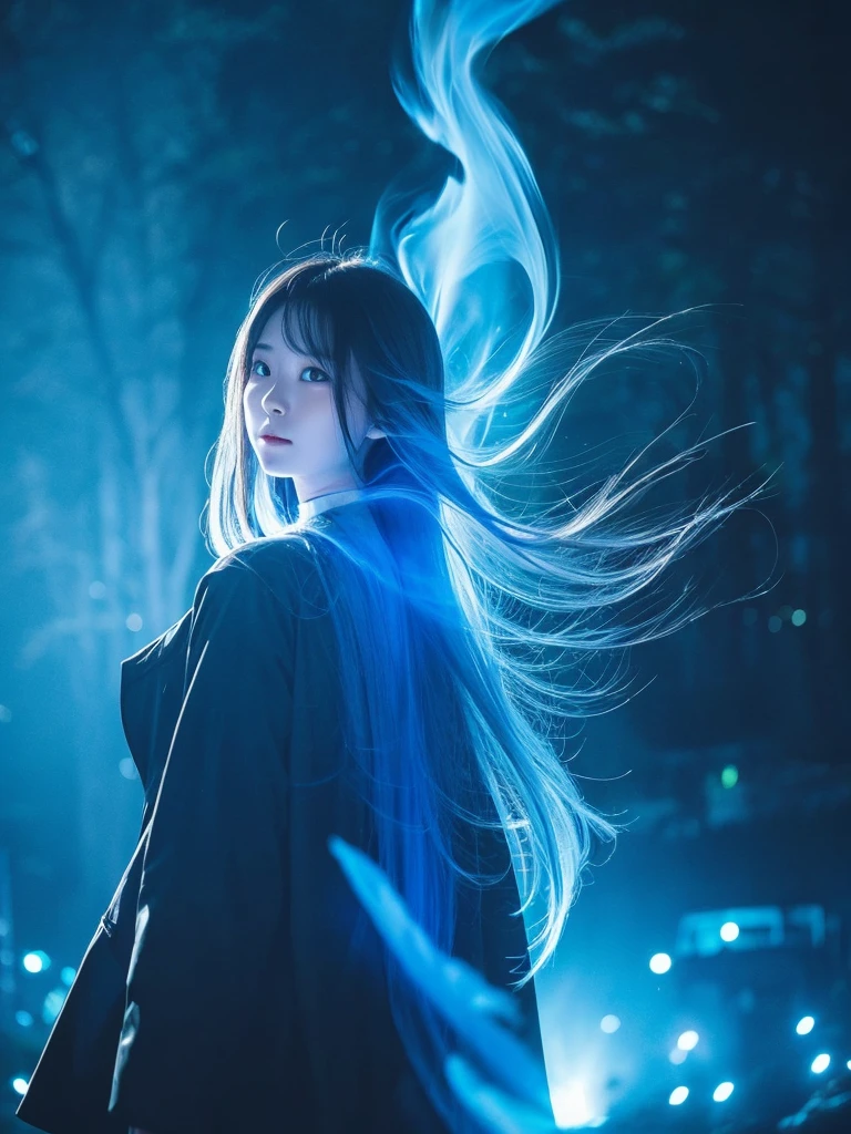 Blue Flame、ghost、Dark Forest、night、深night、Red eyes、Apparition、mysterious、lake、Foggy、turn around、spirit、Illusion、woman、turn around、Hair fluttering in the wind、Copyright circumvention、Blue light、