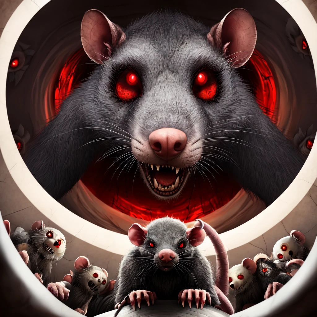 ((perspective horror very scary, Big scary gray rat animal with red eyes, Ultra detailed fur and everything else, she sits on a round children's swing, against the backdrop of a very scary dark forest, end of the world)), ((ultra detailed down to the smallest detail, ultra realistic 8k graphics, Best quality))