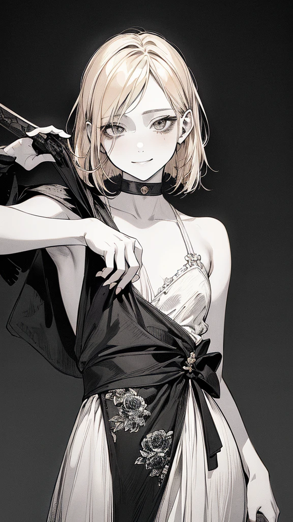 Highest quality, (Background details), High Contrast, Very beautiful , Detailed original illustrations,very small stature、Baby Face、Villain、gnome,Villain、 Wavy platinum blonde hair、Bob Cut Hair、 Delicate face, Spoiled brat、White sundress、Real breasts, Flat Chest、 Smile, Crazy, Black background, (Black background: 1. 5), Beautiful line art, Monochrome