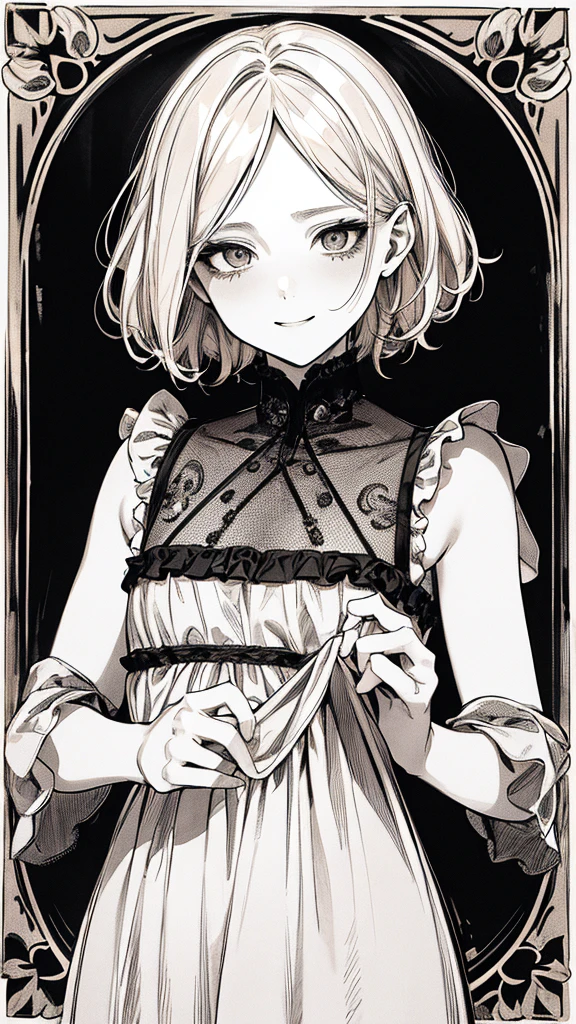 Highest quality, (Background details), High Contrast, Very beautiful , Detailed original illustrations,very small stature、Baby Face、Villain、gnome,Villain、 Wavy platinum blonde hair、Bob Cut Hair、 Delicate face, Spoiled brat、White sundress、Real breasts, Flat Chest、Crazy Smile, Crazy Eyes, Black background, (Black background: 1. 5), Beautiful line art, Monochrome