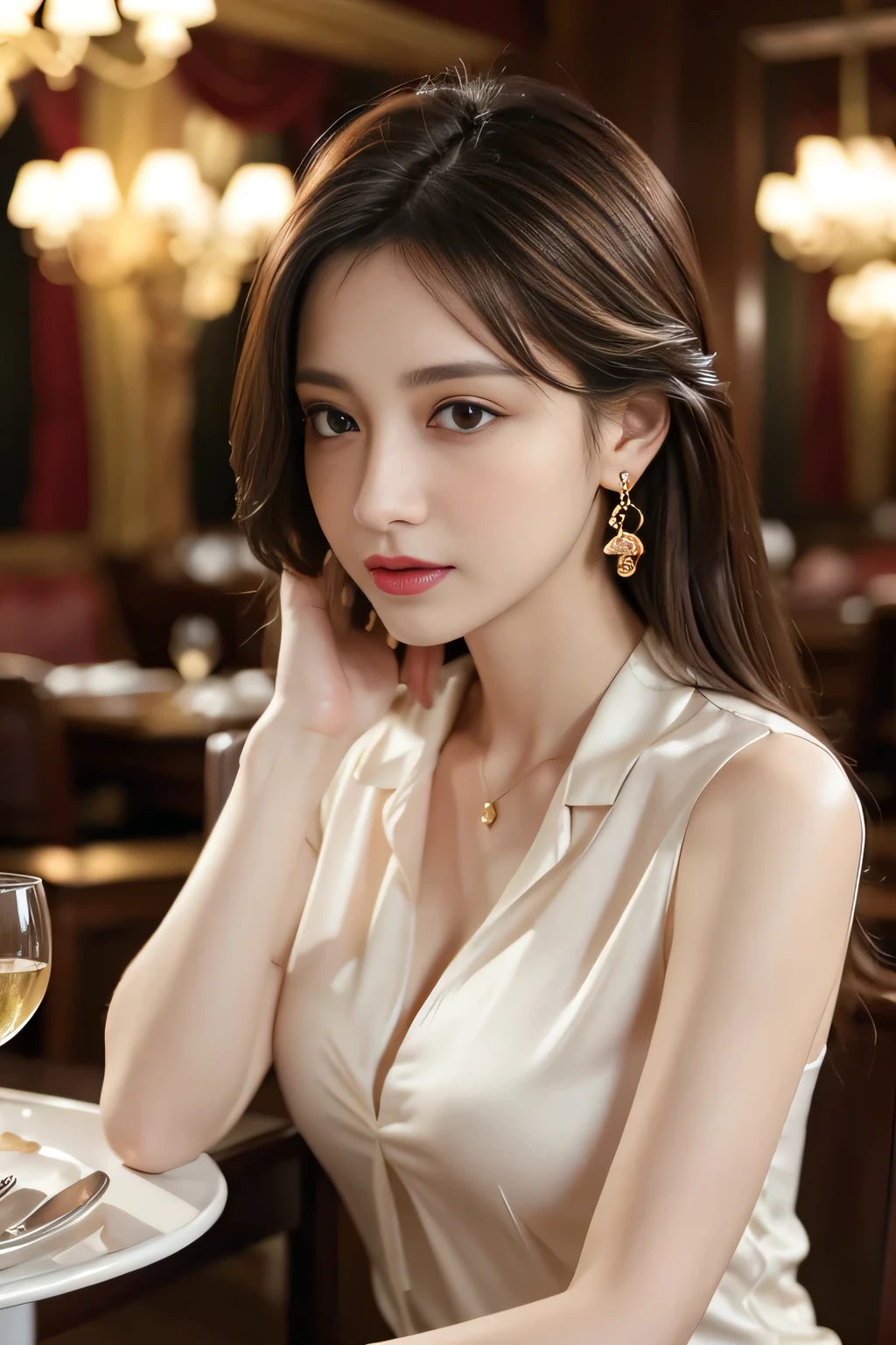 masterpiece, Highest quality, Realistic, Very detailed, Finer details, High resolution, 8k wallpaper, One beautiful woman, Wear an elegant and colorful silk shirt, In a great restaurant, At night, Light brown messy hair, Perfect dynamic composition, Beautiful and beautiful eyes、Big earrings、Sleeveless shirt、