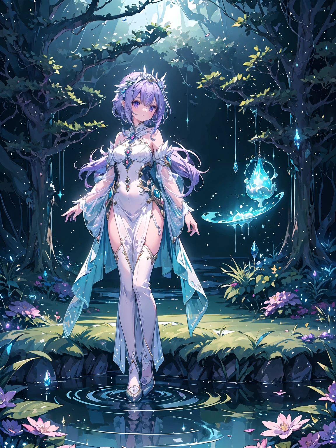 A charming artwork of a mystical and shimmering female character in a magical, moonlit landscape. The full-body view reveals her dressed in glistening purple and silver clothes that catch the light beautifully. Despite her short height, she captivates with her enchanting presence. Her medium-length purple hair and white eyes give her an ethereal, otherworldly charm. She holds an enchanted mirror, reflecting her timid and cute demeanor.
The background is an enchanted grove illuminated by soft moonlight, with sparkling dew drops on the grass and glowing flowers. Wisps of magical energy float in the air, and a gentle stream flows nearby, creating a serene and mystical atmosphere.