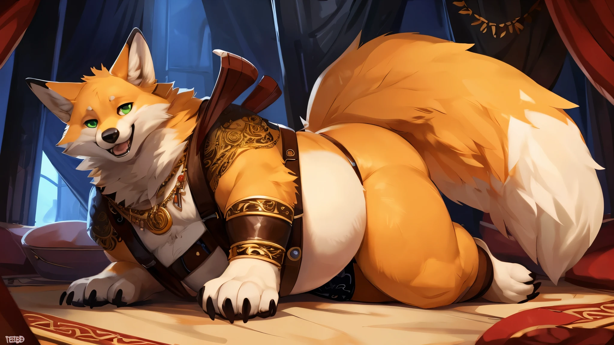 4k ultra quality, 4k full body view,ultra high detailed body,singo person,feral fox, detailed body, white belly fur,big belly, (round belly), hyper belly, enormous belly, enormous body, bulge,by mystikfox61, by glitter trap boy, by bebebebebe,by morethreedee, by seibear,(thick thigh),(chubby thigh),thicc thigh,thick legs,chubby legs,thicc legs,massive butt,enomorous thigh,massive thigh,massive legs,(detailed thigh),(wide thigh),thick butt,fluffy belly,furry belly,sharp nails,((sfw)),(ultra detailed face),ultra detailed eyes,cute face,green eyes,(golden fur),mouth open,big tail,fluffy tail,(detailed tail),enomorous tail,front view,bigger tail,huge tail,bloated feral belly,enomorous thigh,fluffy paws,detailed paws,thick paws,chubby paws,bare paws,ornate belts,ornate necklace,golden bracelet,leather belts,multiple belts, big packs,mediaeval style,(animal focus)