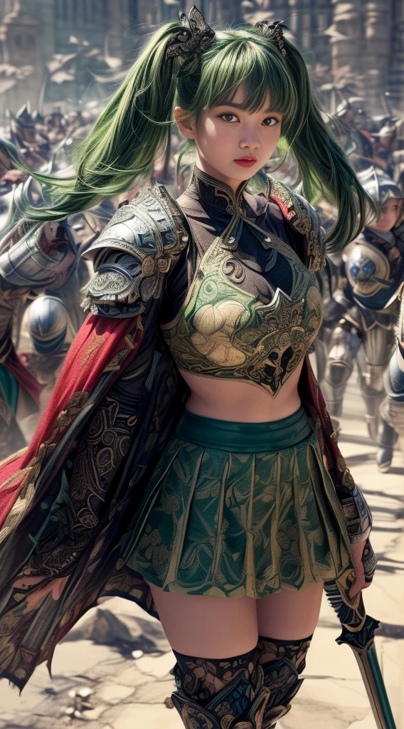 Very beautiful girl、Laughter、thin、(((Low length)))、(Detailed face)、Realistic Skin、((Holy Knight)), ((Dark green armor))、((((A black armor with extremely detailed and intricate decoration.:1.1))))、((Delicate photo))，(Girl Astepeace RAW Photo Details:1.25), (Highest quality:1.6), (Ultra-high resolution:1.5), (Realistic:1.75), 8K resolution, Canon EOS R5, 50mm, Absurd, Super detailed,Cinema Lighting,((Fightfield))、((Fight))、(((Decorative green skirt)))、Thigh-high socks、Shingard、((Dark green hair))、((Twin tails))、((Hairstyle with bangs))、Get a six pack、Cape、Beautiful Armor、(((Has a huge weapon)))、(In combat)、The wind is blowing、((Symmetrical armor))、((((tornado))))、(((Lead a large group of knights:1.2)))、banner、Lion-themed armor