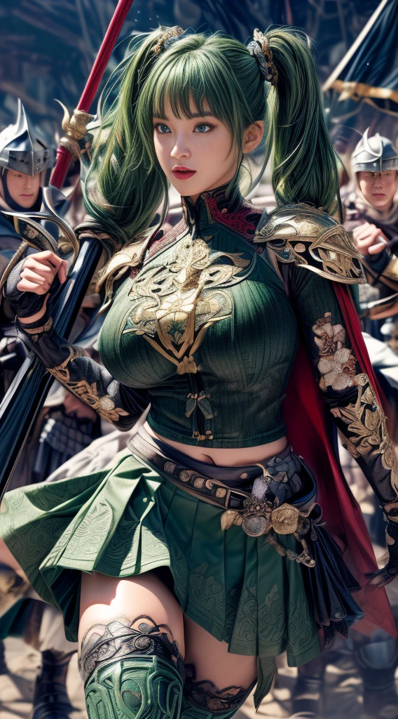 Very beautiful girl、Laughter、thin、(((Low length)))、(Detailed face)、Realistic Skin、((Holy Knight)), ((Dark green armor))、((((A black armor with extremely detailed and intricate decoration.:1.1))))、((Delicate photo)),(Girl Astepeace RAW Photo Details:1.25), (Highest quality:1.6), (Ultra-high resolution:1.5), (Realistic:1.75), 8K resolution, Canon EOS R5, 50mm, Absurd, Super detailed,Cinema Lighting,((Fightfield))、((Fight))、(((Decorative green skirt)))、Thigh-high socks、Shingard、((Dark green hair))、((Twin tails))、((Hairstyle with bangs))、Get a six pack、Cape、Beautiful Armor、(((Has a huge weapon)))、(In combat)、The wind is blowing、((Symmetrical armor))、((((tornado))))、(((Lead a large group of knights:1.2)))、banner、Lion-themed armor