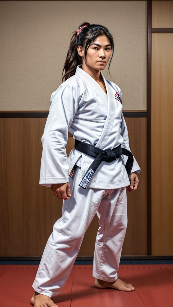 A Jiu-Jitsu fighter wearing a white kimono, with the black sash tied tightly around the waist. Your body is muscular and agile, ready to face any challenge on the mat. He maintains a confident posture, with feet apart and arms relaxed. Your eyes are focused, and its expression conveys determination and respect for the traditions of the sport.