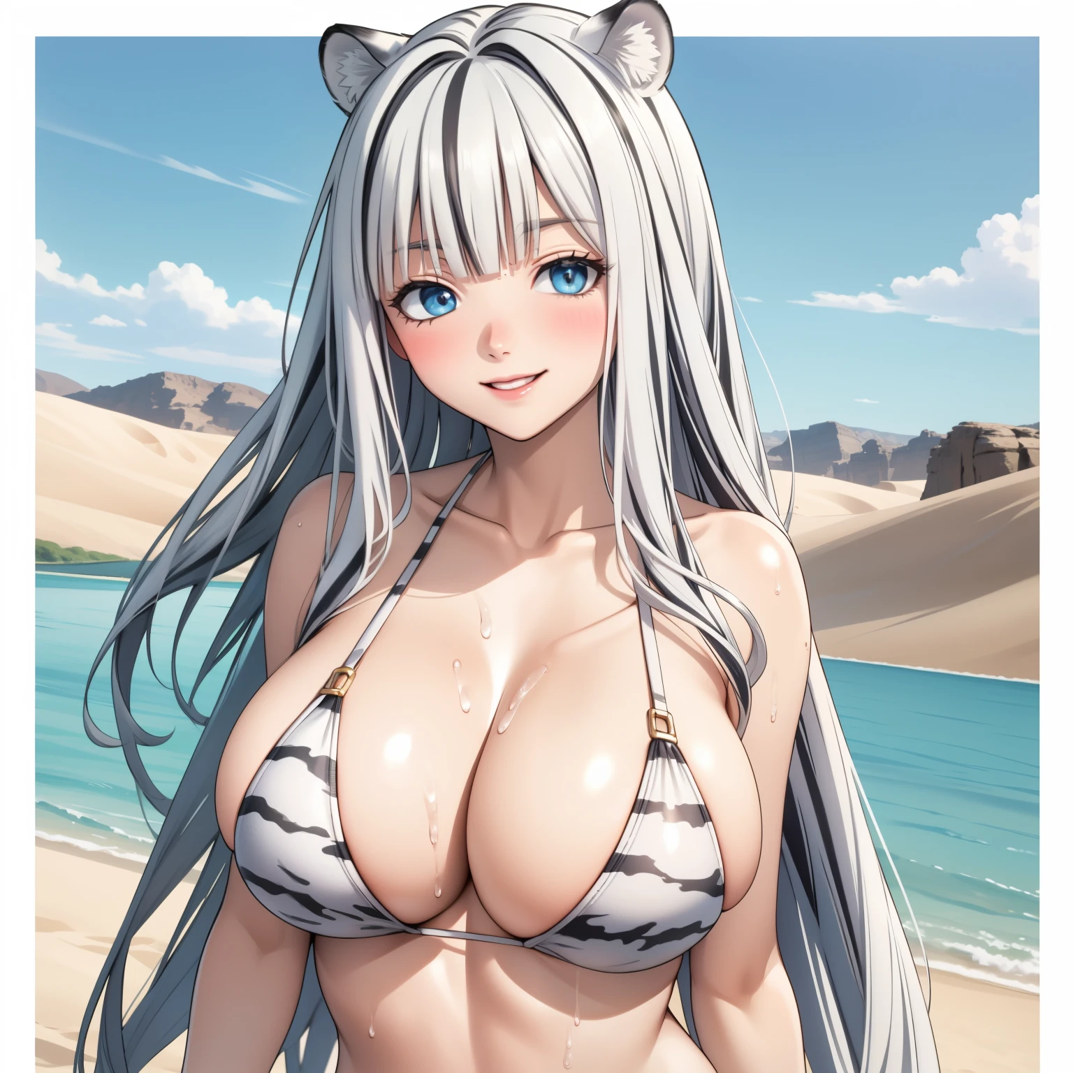 Atlas Fayon woman 40 years old, white hair with black stripes ,white tiger ears, Detailed sapphire blue eyes, blue eyes, happy smile, blush, pale skin, big breasts,  white bikini with stripes, WET BODY, background a lake in the middle of the desert