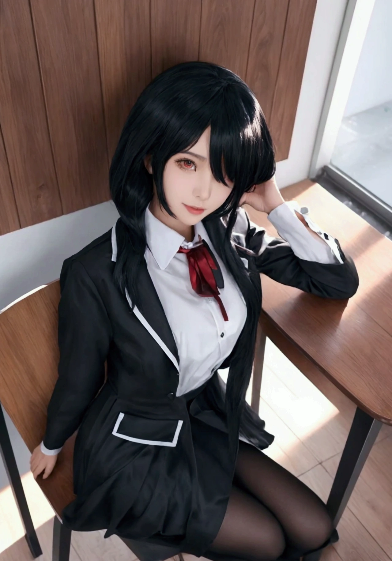 ultra-detailed, highly detailed, best quality, masterpiece, illustration, 
 The image features a woman with black hair, wearing a black and white dress. She is sitting on a wooden chair, possibly a bench, and appears to be posing for a picture. The woman's outfit includes a white shirt, and she is wearing a tie.