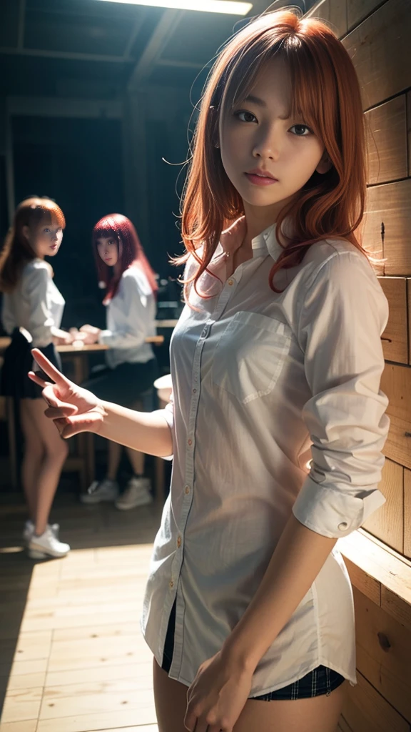 (Natural strawberry blonde and redhead girls with pretty faces), Cute pose, wearing a button shirt, body, skinny, Atmospheric, Dark atmosphere, Edge lighting, Sayaka Yamamoto, Saito Asuka, Mao Akiyama's facial features, 8K, Full body portrait, Elegant outfit, Natural light, Spooky greenhouse at night, Sharp focus, (Highly detailed eyes and face, Professional photography techniques), (Beautiful small face, beautiful girl, high , Idol Face, Baby Face:1.4)Happy, K UHD, Hmph, Beautiful and soft skin, Vibrant Skin, blush, (Chirarizum:1.3, Unbutton your shirt:1.5), ((Beautiful breasts:1.2, Cleavage:1.2)), (Small beautiful butt), (Detailed hands:1.2, The optimal ratio is four fingers to one thumb), Perfect proportions, (Perfect Anatomy:1.3), (Highest quality, Masterpiece, Highest quality, Ultra high definition, Photorealism:1.4), ((お互いのbodyに触れ合う:1.2)), (Detailed background and audience:1.4)