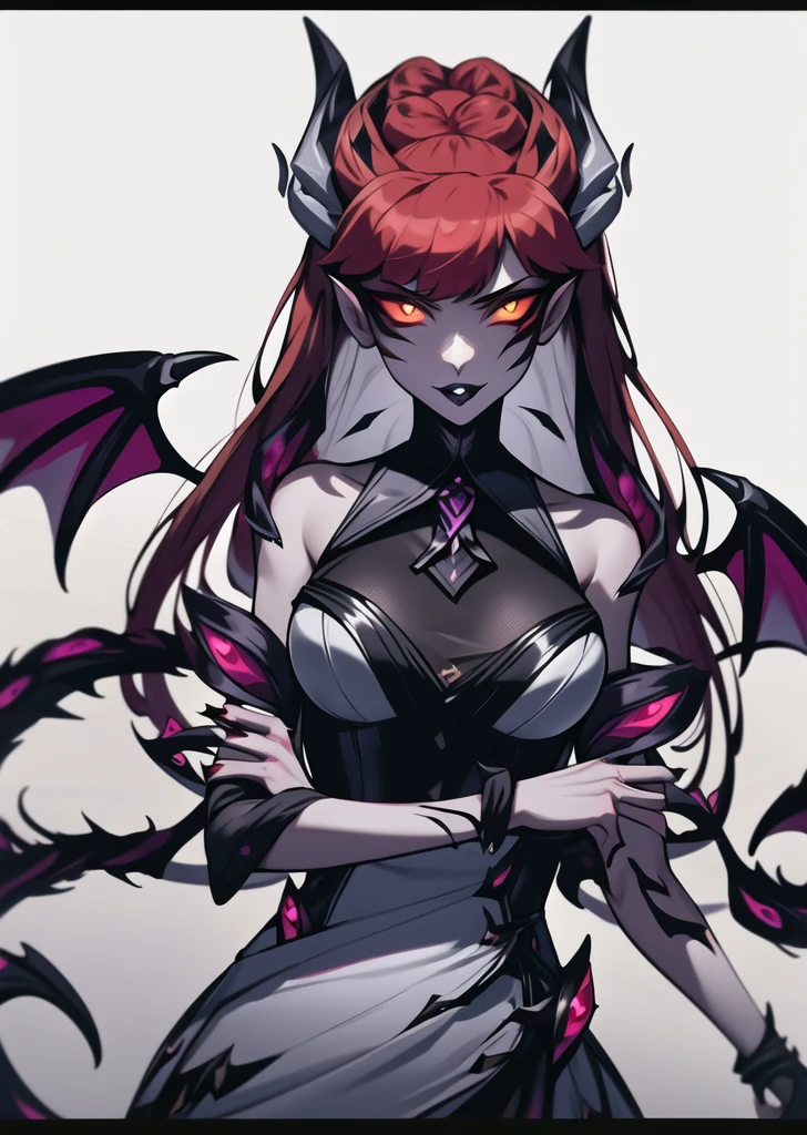 masterpiece, best quality, (1girl wih bat wings)) zyra, yellow eyes, red sclera, red hair, long hair, grey dress, huge black bat wings, solo, upper body,  night, tentacle, dark, fog, mist, macabre atmosphere, crime city, white background 