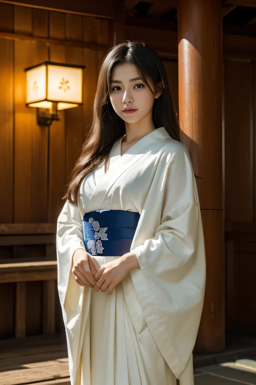 ((Best quality, 8K, Masterpiece :1.3)), Sharp focus:1.2 , Photorealsitic,(Cinematic lighting),Facial detail texture. Eye details. Double eyelids, Slender body. Super small breasts, , photo-realistic:1.37,Perfect eyes, ((1 girl in a white yukata)),(white sash),(Thin fabric),((Ragged linen)),Female prisoners,With a petite figure,brunette color hair,Long hair draped loosely,Qi bangs,Hands tied behind his back,Kneeling position,short- sleeved,Exposing thighs,Full body like,Clothing covers the whole body,folds,((solid color backdrop)),is shy,Be red in the face,weeping,streaming tears,Get wet