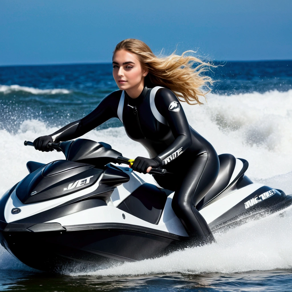 18 year old cute beautiful perfect face, Dark blonde hair, ((Thick eyebrows)),( Thick eyelashes) (Skin tight black rubber wetsuit), Ride a jet ski at sea, black and white jet ski, Big Waves,