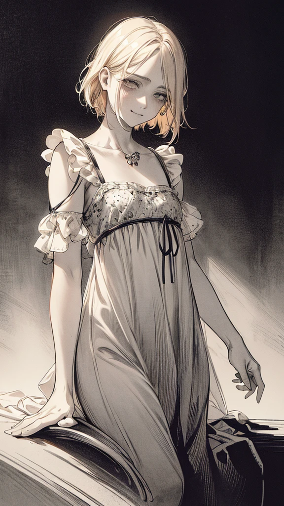 Highest quality, (Background details), High Contrast, Very beautiful  , Detailed original illustrations,very small stature、Baby Face、Villain、gnome,Villain、 Wavy platinum blonde hair、Bob Cut Hair、 Delicate face,  Spoiled brat、White sundress、Real breasts, Flat Chest、Crazy Smile, Crazy Eyes, Black background, (Black background: 1. 5), Beautiful line art, Monochrome