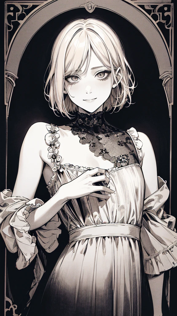 Highest quality, (Background details), High Contrast, Very beautiful  , Detailed original illustrations,very small stature、Baby Face、Villain、gnome,Villain、 Wavy platinum blonde hair、Bob Cut Hair、 Delicate face,  Spoiled brat、White sundress、Real breasts, Flat Chest、Crazy Smile, Crazy Eyes, Black background, (Black background: 1. 5), Beautiful line art, Monochrome