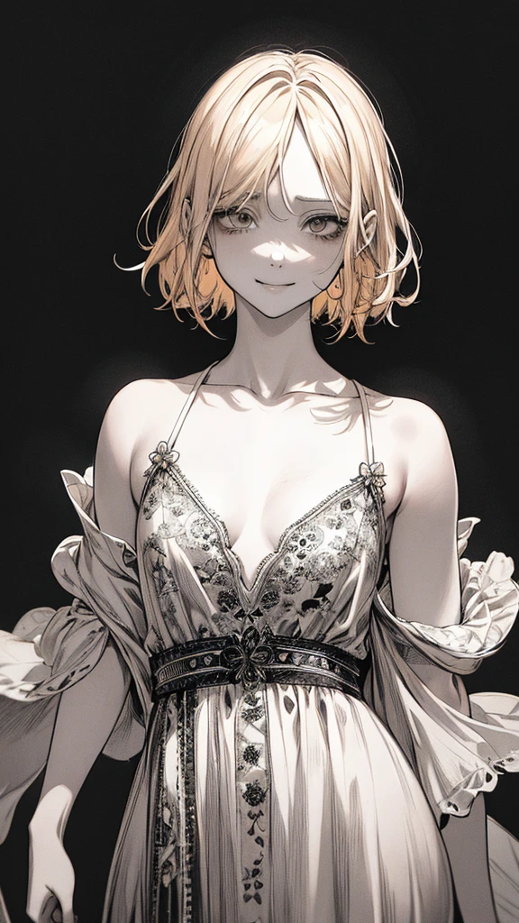 Highest quality, (Background details), High Contrast, Very beautiful , Detailed original illustrations,very small stature、Baby Face、Villain、gnome,Villain、 Wavy platinum blonde hair、Bob Cut Hair、 Delicate face, Spoiled brat、White sundress、Real breasts, Flat Chest、Crazy Smile, Crazy Eyes, Black background, (Black background: 1. 5), Beautiful line art, Monochrome
