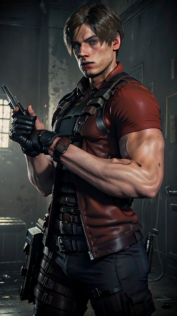 Leon Scott Kennedy koven 20 years old resident evil remake, no shirt, showing the penis,