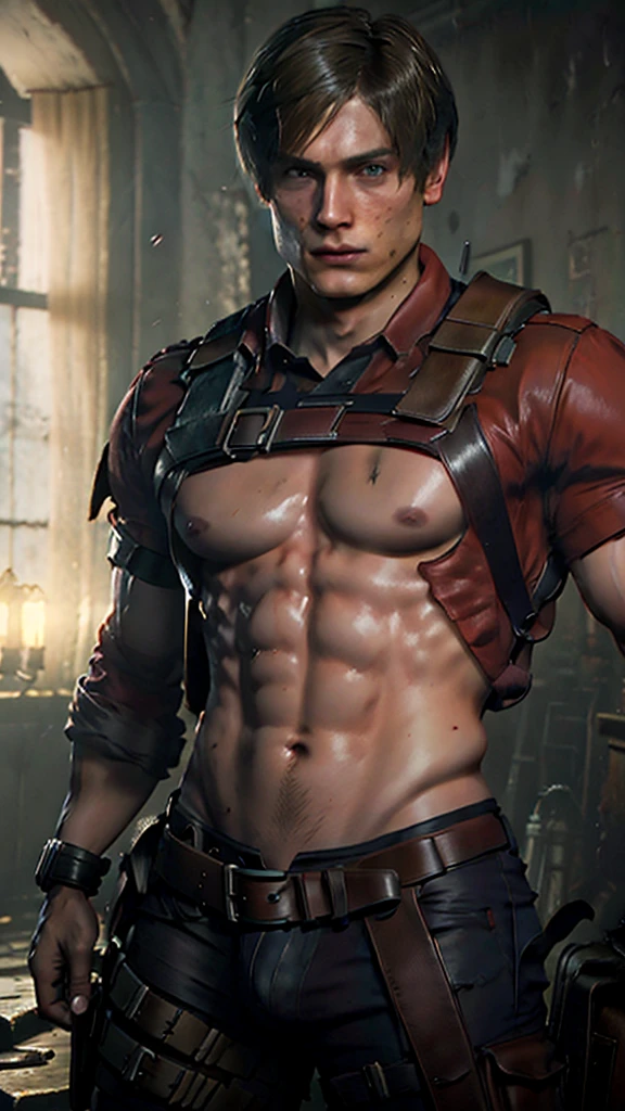 Leon Scott Kennedy koven 20 years old resident evil remake, no shirt, showing the penis, calente, arrodillodo