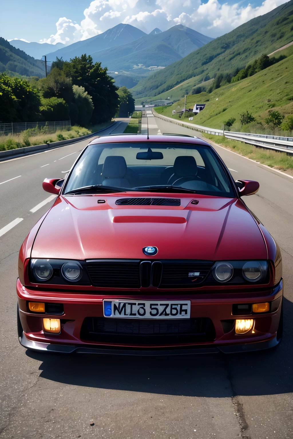 Un fond d'écran avec une BMW M3 E30 racing dans un paysage de grande montagne rose couché de soleil ambiance lofi