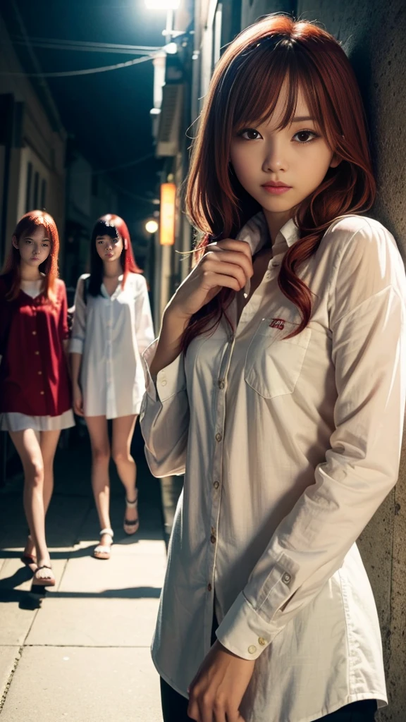 (Natural strawberry blonde and redhead girls with pretty faces), Cute pose, wearing a button shirt, body, skinny, Atmospheric, Dark atmosphere, Edge lighting, Sayaka Yamamoto, Saito Asuka, Mao Akiyama's facial features, 8K, Full body portrait, Elegant outfit, Natural light, Spooky greenhouse at night, Sharp focus, (Highly detailed eyes and face, Professional photography techniques), (Beautiful small face, beautiful girl, high , Idol Face, Baby Face:1.4)Happy, K UHD, Hmph, Beautiful and soft skin, Vibrant Skin, blush, (Chirarizum:1.3, Unbutton your shirt:1.5), ((Beautiful breasts:1.2, Cleavage:1.2)), (Small beautiful butt), (Detailed hands:1.2, The optimal ratio is four fingers to one thumb), Perfect proportions, (Perfect Anatomy:1.3), (Highest quality, Masterpiece, Highest quality, Ultra high definition, Photorealism:1.4), ((お互いのbodyに触れ合う:1.2)), (Detailed background and audience:1.4)