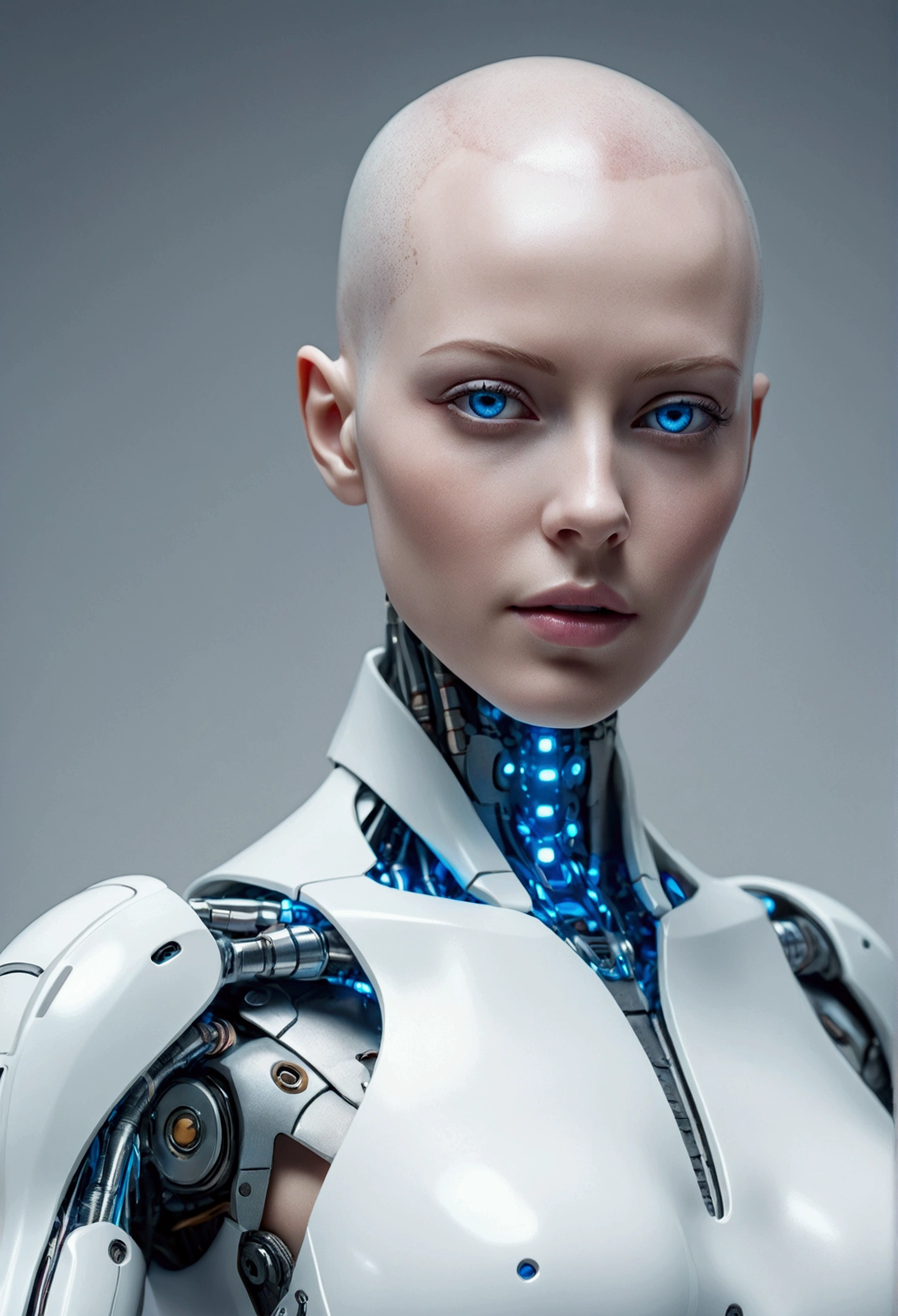 white polymer futuristic android. gynoid, pastel colors, neotech, sleek, photo of a beautiful cyborg, bald plastic white android (upper body) with blue eyes (RAW photo), (high detailed skin:0.8), Ray Tracing, hyper realistic, dramatic, 8k uhd, dslr, soft lighting, high quality, film grain, Fujifilm XT3