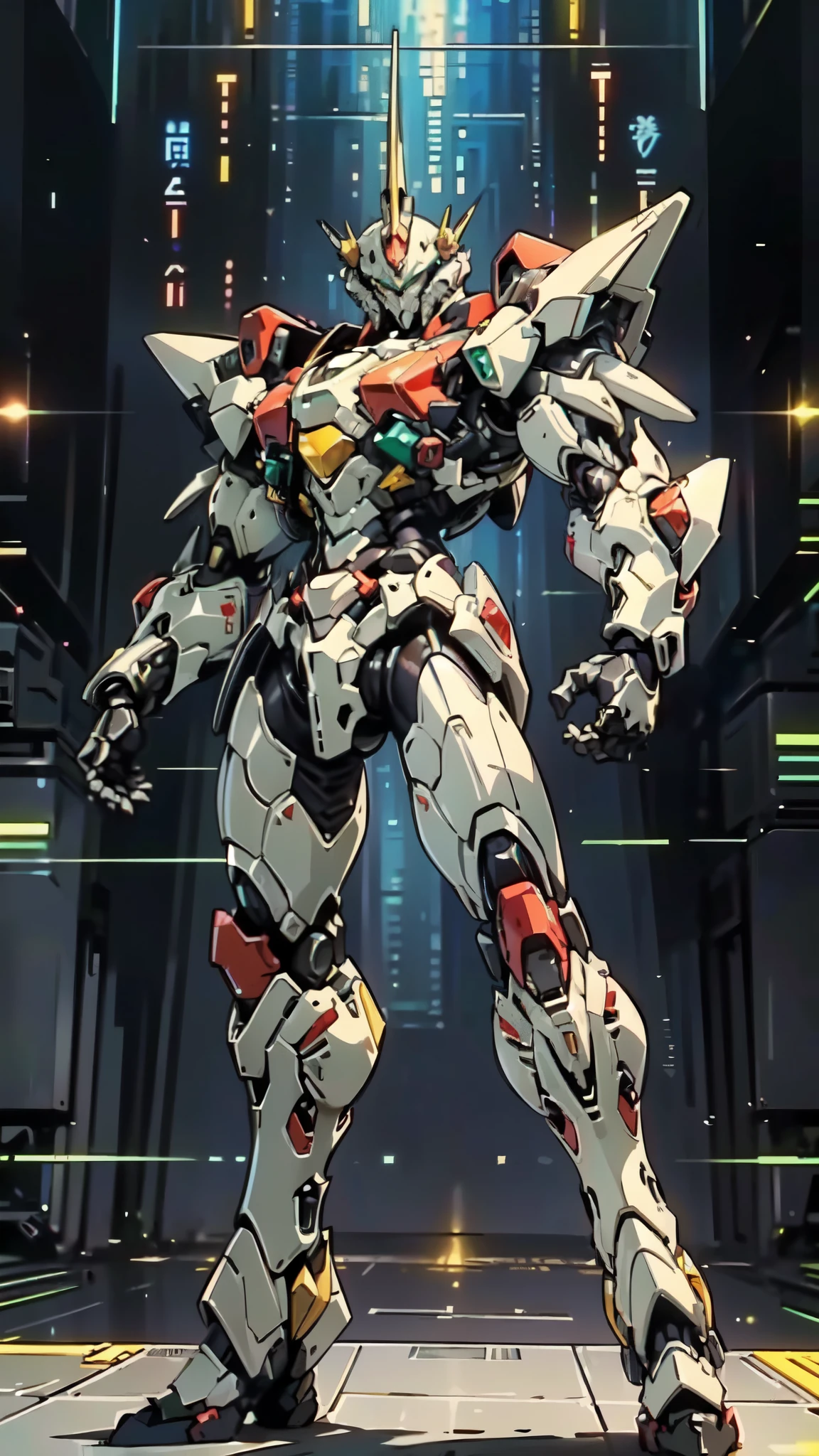 (masterpiece:1.5, best quality:1.5, extremely delicate:1.5, foreshortening:1.5, dynamic angle:1.5), a man wearing a full-face helmet, a fantasy-style biotech armored combat suit, green eyes, (a composite layered chest armor), fully enclosed shoulder guards, matching arm and leg guards, the belt is adorned with neon circuitry, (the color scheme is primarily white with red green accents), the design balances heavy with agility, a high-tech bio-mecha armor, (Armor Concept Inspired by neon Cyberpunk, stand on the top of a skyscraper in a futuristic sci-fi city), this character embodies a finely crafted fantasy-surreal style armored hero in anime style, exquisite and mature manga art style, (element, plasma, energy, the armor glows), ((male:1.5)), metallic, high definition, highres, ultra-detailed, ultra-fine painting, professional, perfect body proportions, golden ratio, anatomically correct, symmetrical face, extremely detailed eyes and face, high quality eyes, creativity, RAW photo, UHD, 32k, Natural light, cinematic lighting, masterpiece-anatomy-perfect