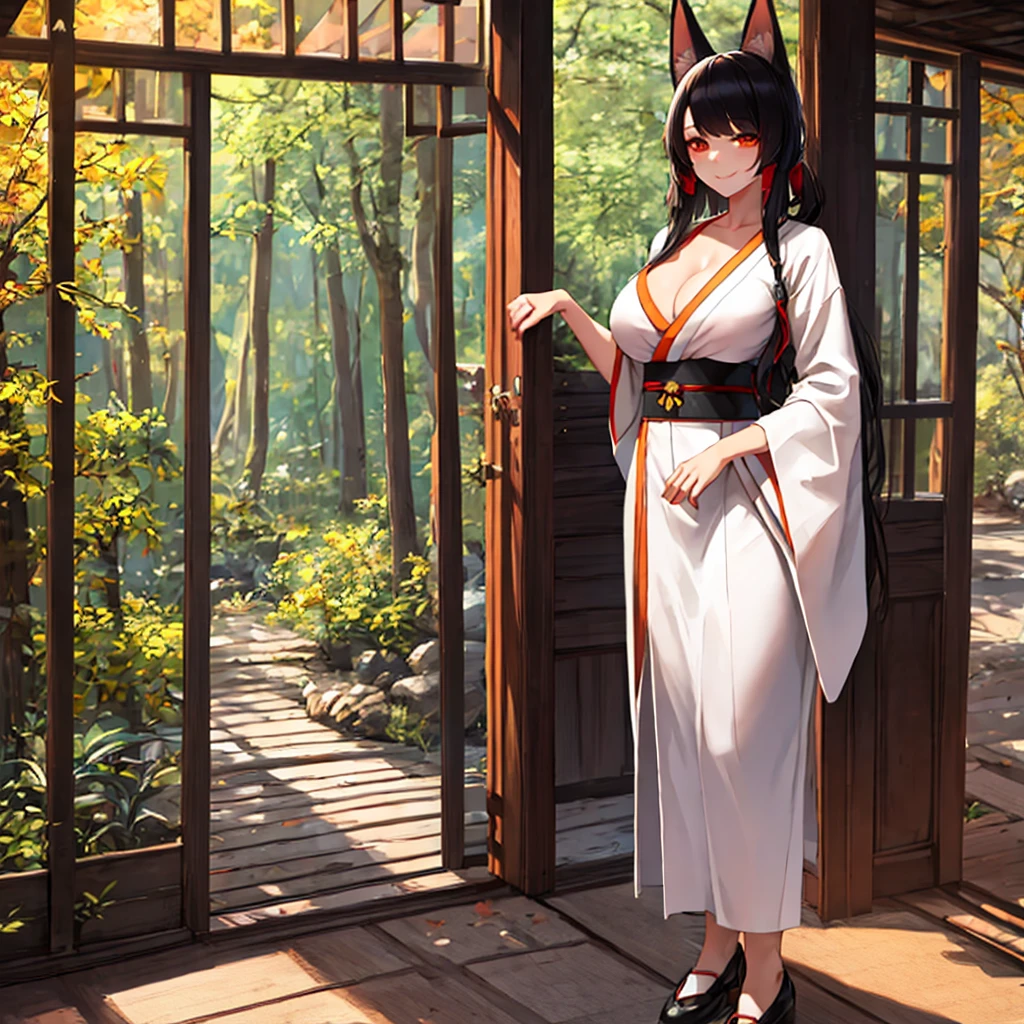 A woman wearing a white kimono with drawings of autumn flowers, walking on a walk in a forest in the autumn period, Japanese shoes, orange eyes, black hair, kitsune ears, kitsune tails, multi-tails, smiling, big breasts, posture standing, daytime location, a view of the forest, background with orange filter,.UHD , prime work , accurate , anatomically correct , textured skin , super details , high quality , best quality, 8k, high resolution, bokeh effect. (woman solo)
