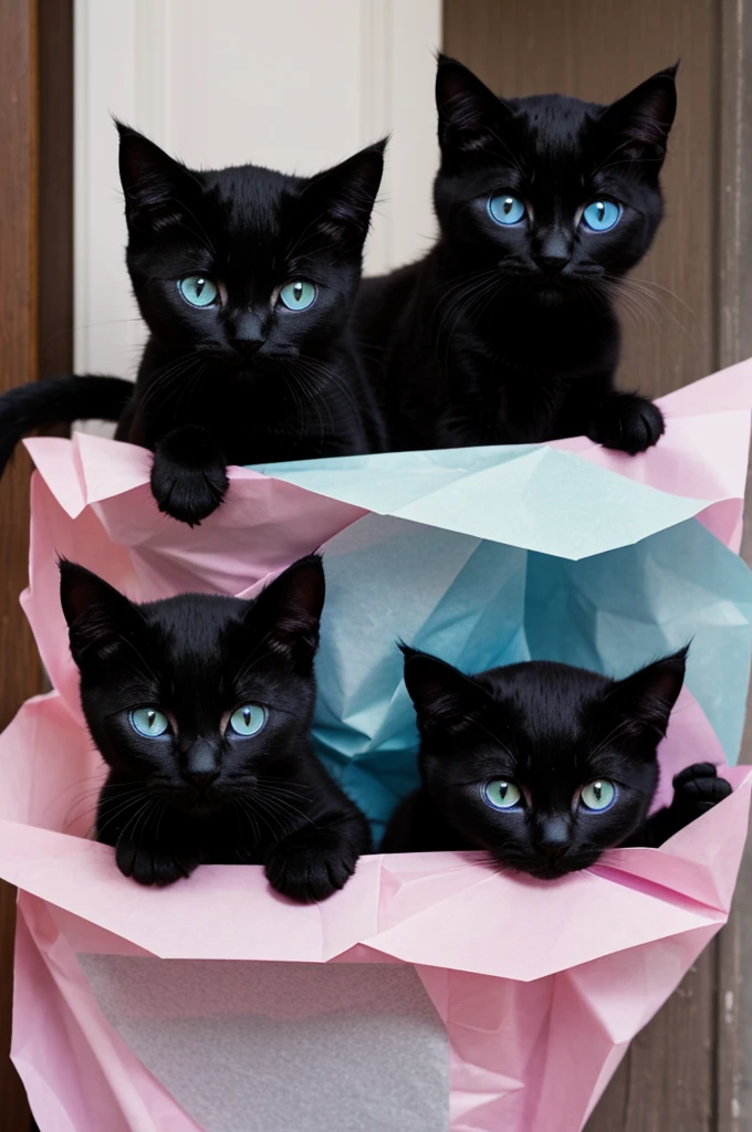 black kitten, different eye color, one purple and the other pink, door of 1.4, three colorful cats and they throw crumpled papers at him 