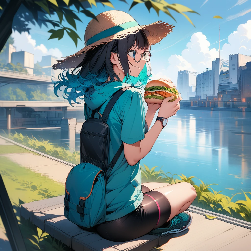 (masterpiece),(best quality),very aesthetic,(ultra-detailed),(super-fine illustration),vibrant colors,high saturation,nsfw,1girl,25yo,slender,tall,medium hair,black hair,natural wave hair,flipped hair,dark green eyes,comfortable,smirk,glasses,(straw hat with leaf color ribbon),glasses,carrying a aqua blue rucksack, (thigh-high parka dress with gradient earth color,black bike shorts),short sleeves,Sneaker Shoes,wristwatch,river terrace,sitting indian style on grass field,eating Sandwiches,summer,Industrial area in the distance,cowboy shot,looking away,from behind