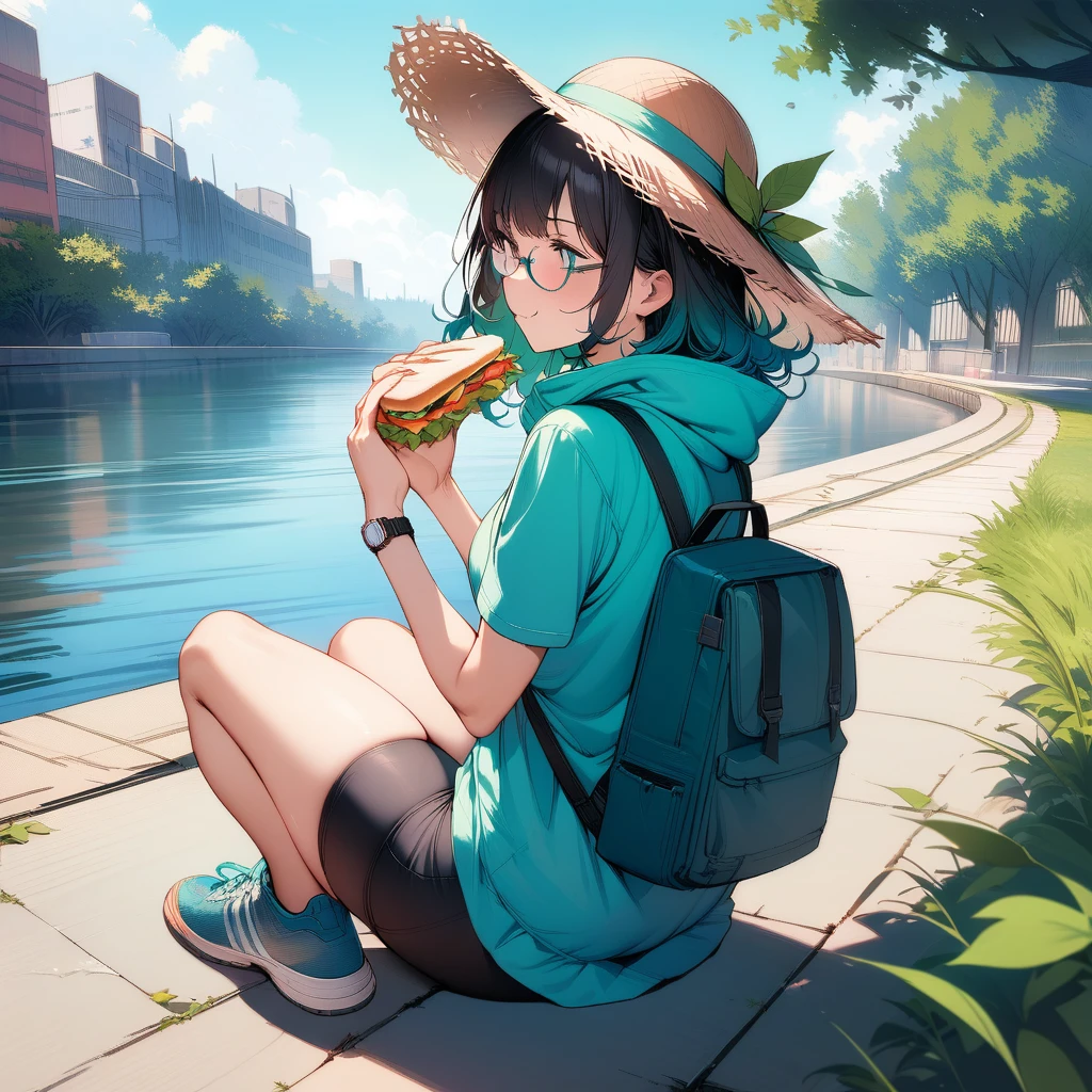 (masterpiece),(best quality),very aesthetic,(ultra-detailed),(super-fine illustration),vibrant colors,high saturation,nsfw,1girl,25yo,slender,tall,medium hair,black hair,natural wave hair,flipped hair,dark green eyes,comfortable,smirk,glasses,(straw hat with leaf color ribbon),glasses,carrying a aqua blue rucksack, (thigh-high parka dress with gradient earth color,black bike shorts),short sleeves,Sneaker Shoes,wristwatch,river terrace,sitting indian style on grass field,eating Sandwiches,summer,Industrial area in the distance,cowboy shot,looking away,from behind