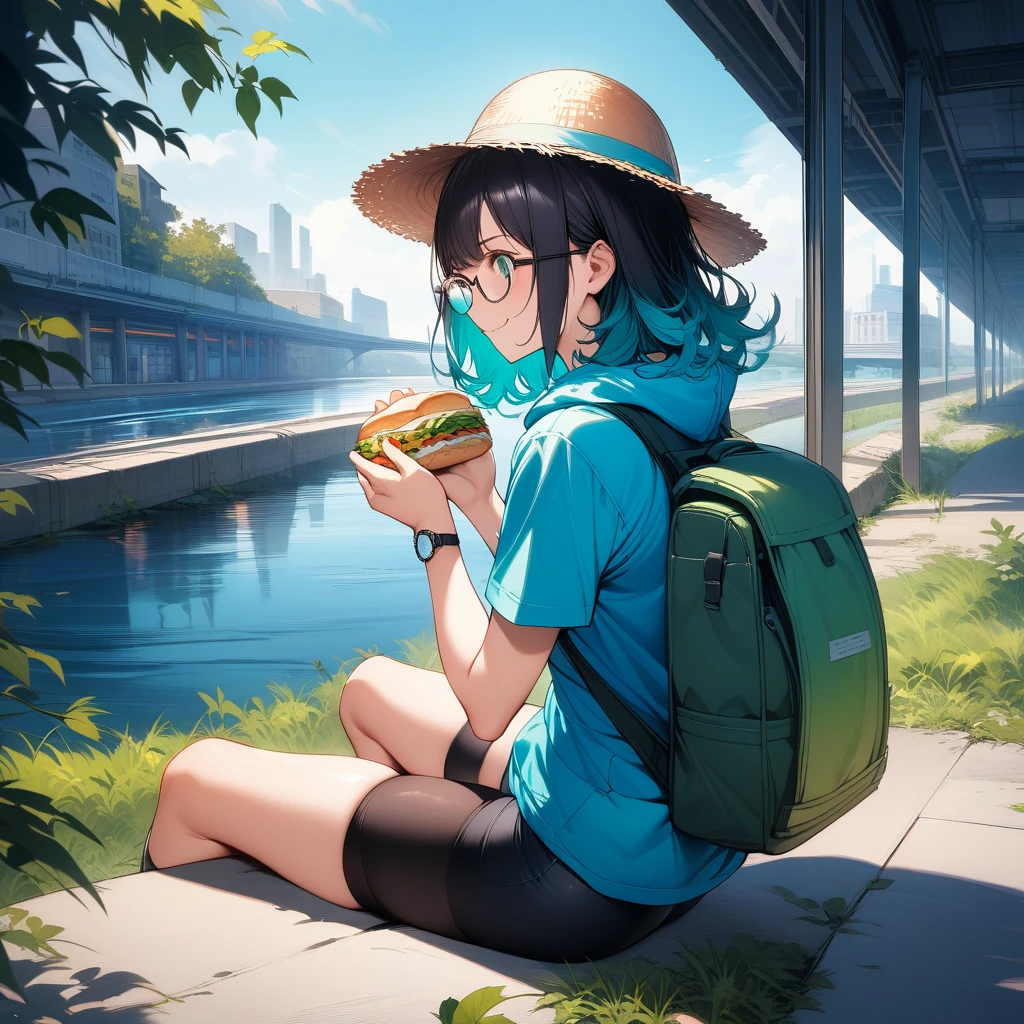 (masterpiece),(best quality),very aesthetic,(ultra-detailed),(super-fine illustration),vibrant colors,high saturation,nsfw,1girl,25yo,slender,tall,medium hair,black hair,natural wave hair,flipped hair,dark green eyes,comfortable,smirk,glasses,(straw hat with leaf color ribbon),glasses,carrying a aqua blue rucksack, (thigh-high parka dress with gradient earth color,black bike shorts),short sleeves,Sneaker Shoes,wristwatch,river terrace,sitting indian style on grass field,eating Sandwiches,summer,Industrial area in the distance,cowboy shot,looking away,from behind