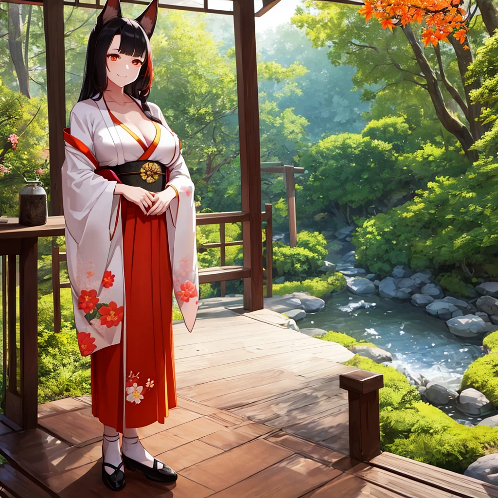 A woman wearing a white kimono with drawings of autumn flowers, walking on a walk in a forest in the autumn period, Japanese shoes, orange eyes, black hair, kitsune ears, kitsune tails, multi-tails, smiling, big breasts, posture standing, daytime location, a view of the forest, background with orange filter,.UHD , prime work , accurate , anatomically correct , textured skin , super details , high quality , best quality, 8k, high resolution, bokeh effect. (woman solo)
