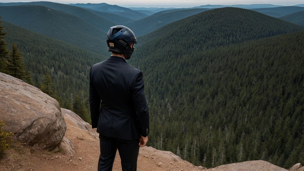 A Luxury Sales Suit man wearing a black rider full-face helmet overlooking wilderness,full body,standard rider black full face helmet,back view of the man, background is a wilderness,a man overlooking wilderness,a man overlooking wilderness,a man overlooking wilderness,a man overlooking wilderness,a man overlooking wilderness,full body,full body,full body,full body,with black rider full-face helmet,with black rider full-face helmet,with black rider full-face helmet,wearing black rider full-face helmet,wearing black full-face helmet,wearing black full-face helmet,overlooking wilderness,overlooking wilderness,Back view,Back view,Back view,Back view,Draw people small,Draw people small,Spectacular views,Spectacular views,Spectacular views,lonely man,lonely man,a black full-face helmet,a black full-face,A Luxury Sales Suit man,with Luxury Sales Suit