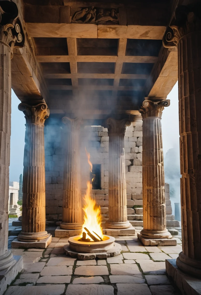interior of a Greek temple with a sculpture, ruins, intense torch fire on the left, mists, stones