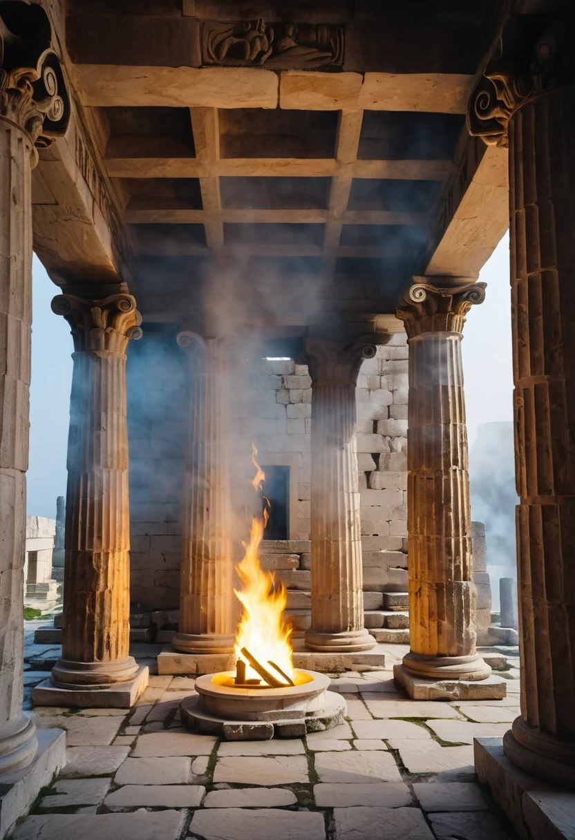 interior of a Greek temple with a sculpture, ruins, intense torch fire on the left, mists, stones