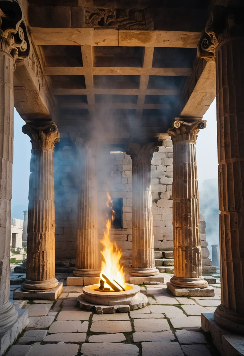 interior of a Greek temple with a sculpture, ruins, intense torch fire on the left, mists, stones