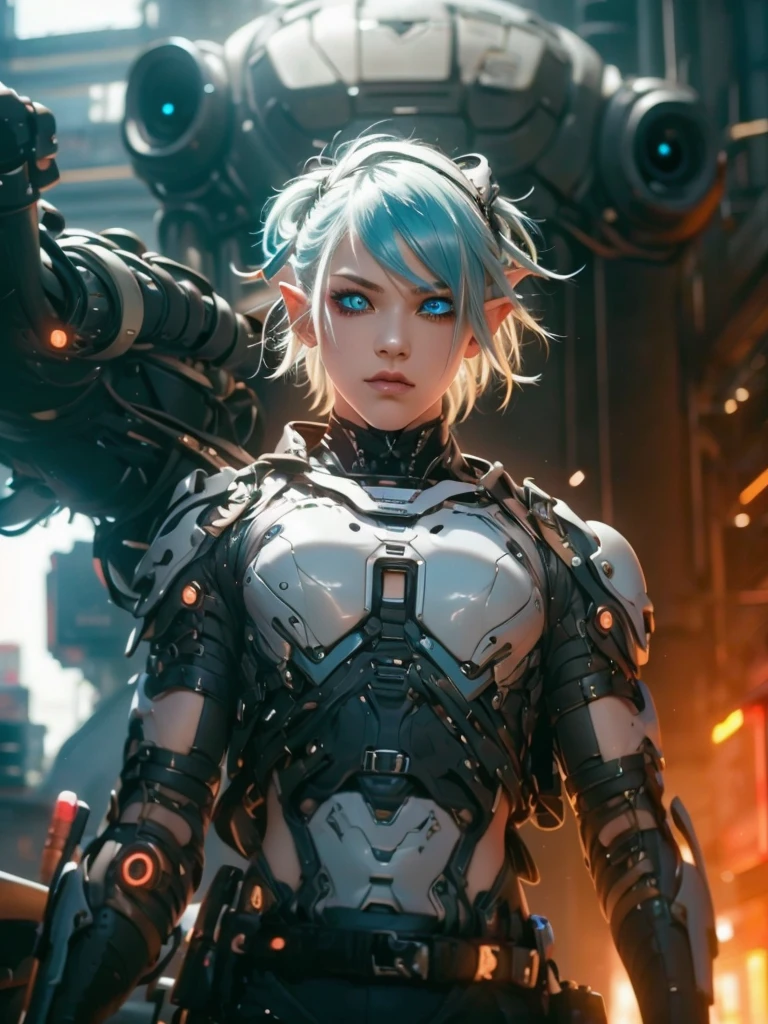 Femboy, cyberpunk style, blue hair, blue eyes, 1boy, elf ears, without 