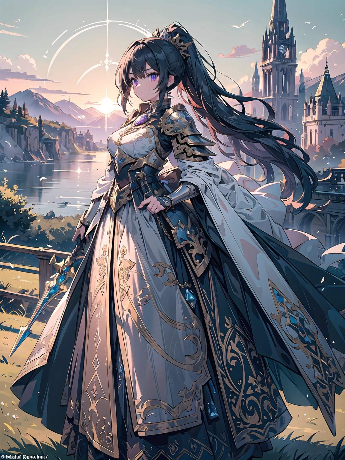 A majestic artwork of a graceful female paladin standing in a grand, medieval landscape. The full-body view reveals her adorned in exquisitely designed armor that combines elegance and strength. Her gleaming silver armor is intricately engraved with swirling patterns and symbols of protection and valor. The breastplate features delicate filigree and gem inlays, while her gauntlets and greaves are finely etched, catching the light with every movement. She wears an ornate, deep purple cape that flows gracefully behind her.

Her long black hair is tied in a sleek ponytail, cascading down her back, complementing her regal appearance. Her striking amethyst purple eyes, filled with resolve and determination, enhance her beauty and strength. She carries a beautifully crafted shield, embossed with intricate heraldic symbols and protective runes, its edges reinforced with gold trim. In her other hand, she wields a formidable mace, adorned with intricate engravings and inlaid gemstones that shimmer softly.

The background features a sprawling castle with tall spires against a dawn sky. Rolling hills and lush meadows stretch out before her, with a serene river winding through the landscape. Birds take flight in the early morning light, enhancing the sense of peace and anticipation.

The paladin stands poised and ready, embodying both grace and power, a guardian of the land and a beacon of hope for all who gaze upon her. Her presence is commanding and inspiring, a true paragon of beauty and strength.