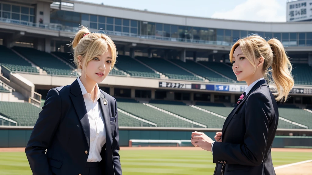 A female announcer in a suit is broadcasting live from Koshien Stadium.。Blonde ponytail。
