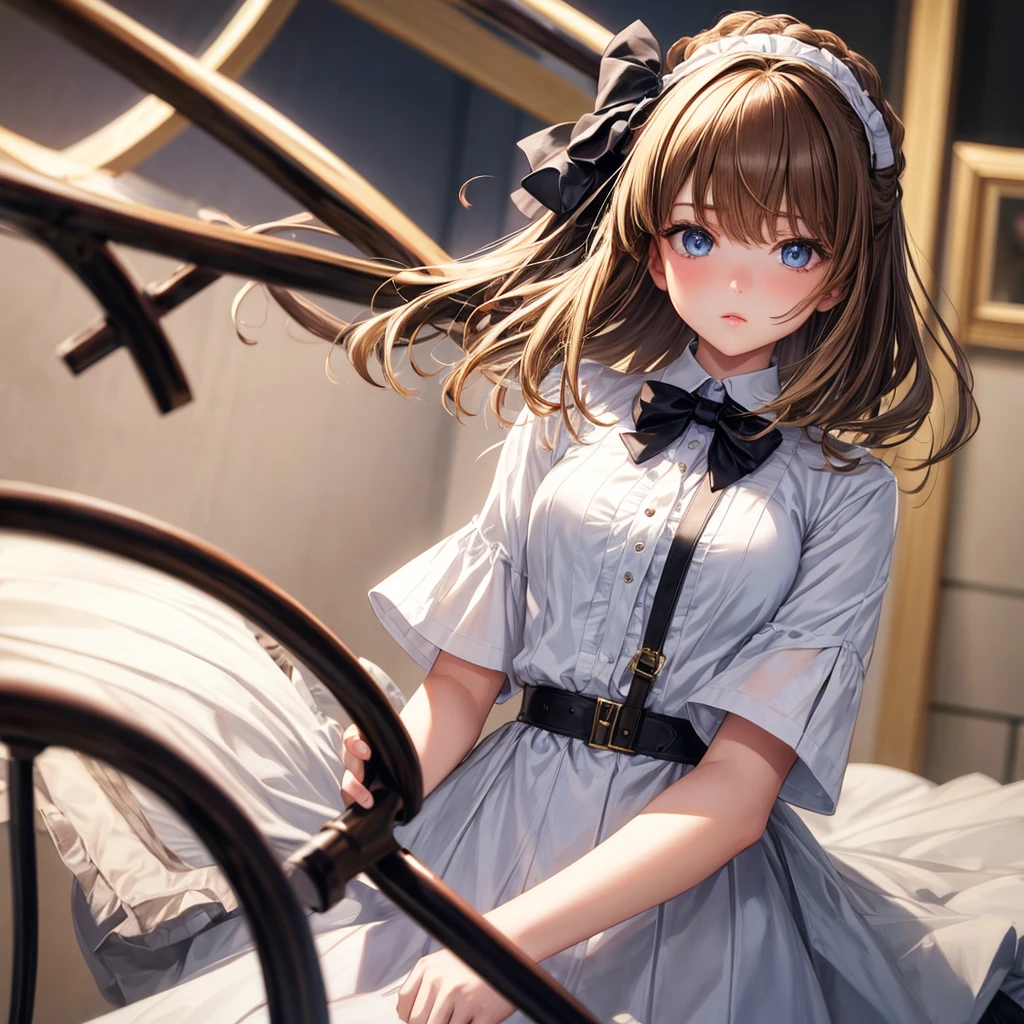 (Extremely refined: 1.2), 1 Girl, Fashion Girl, Bangs, beautiful eyes, bow, Brown hair, Shut up, sideways, Hair between the eyes, hair bow, Short sleeve, Looking at the audience, Medium Length Hair, Solitary, Upper Body, Uniforms: 1.3, ((Solitary)), (masterpiece), Blonde