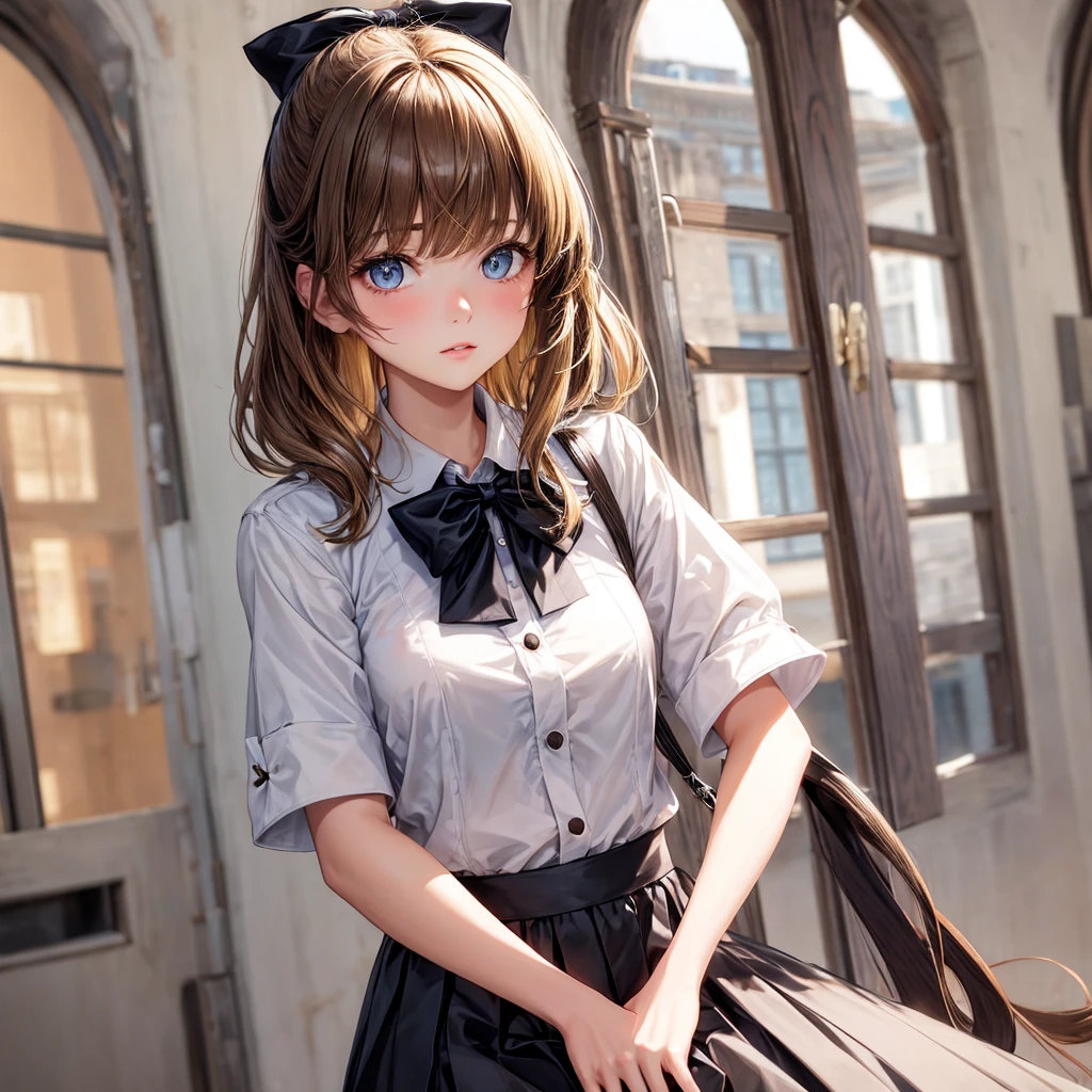 (Extremely refined: 1.2), 1 Girl, Fashion Girl, Bangs, beautiful eyes, bow, Brown hair, Shut up, sideways, Hair between the eyes, hair bow, Short sleeve, Looking at the audience, Medium Length Hair, Solitary, Upper Body, Uniforms: 1.3, ((Solitary)), (masterpiece), Blonde