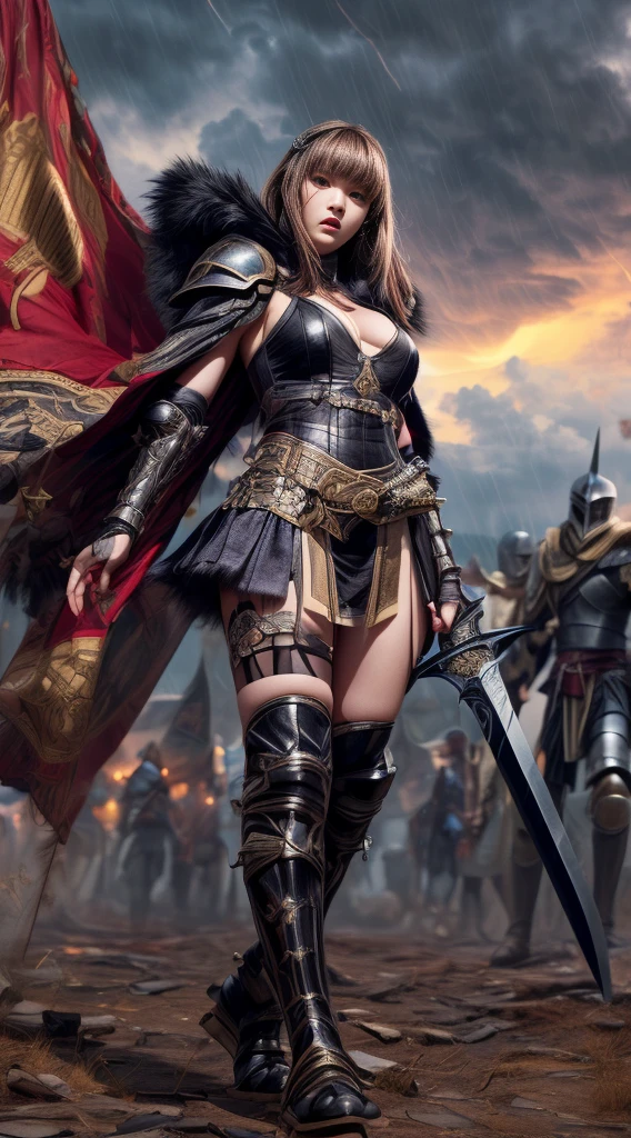 Cowboy Shot、Very beautiful woman、Slender women、(Detailed face)、Realistic Skin、((evil knight)), (Black Armor)、((((非常に細かく複雑な装飾が施されたBlack Armor))))、((Delicate photo)),(Girl Astepeace RAW Photo Details:1.25), (Highest quality:1.6), (Ultra-high resolution:1.5), (Realistic:1.75), 8K resolution, Canon EOS R5, 50mm, Absurd, Super detailed,Cinema Lighting,Battlefields of Medieval Europe、((Fight))、RPG World、Final Fantasy、(((Decorative skirt)))、Thigh-high socks、Shingard、night、((Long hair with bangs,))、Get a six pack、Torn Cloak、Beautiful Armor、(((Giant Sword)))、In combat、The wind is blowing、((Asymmetric Armor:1.5))、(((thunderstorm)))、((Knight Commander))、(((Leading a large group of black knights)))、banner、Wolf Pattern:1.5、(((Battle Scenes)))、(((Creepy Iron Mask)))