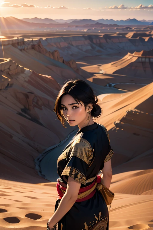 masterpiece, Transitioning desert landscape at sunset, Lonely Person, A beautiful 20-year-old woman appears dressed in nomadic clothing., Post-apocalyptic clothing. Layers of tattered cloth, unconventional accessories, 風化した外観はbornき残りと回復力のオーラを醸し出す, 16K, Ultra-high resolution.Realistic, Ultra-high resolution, born