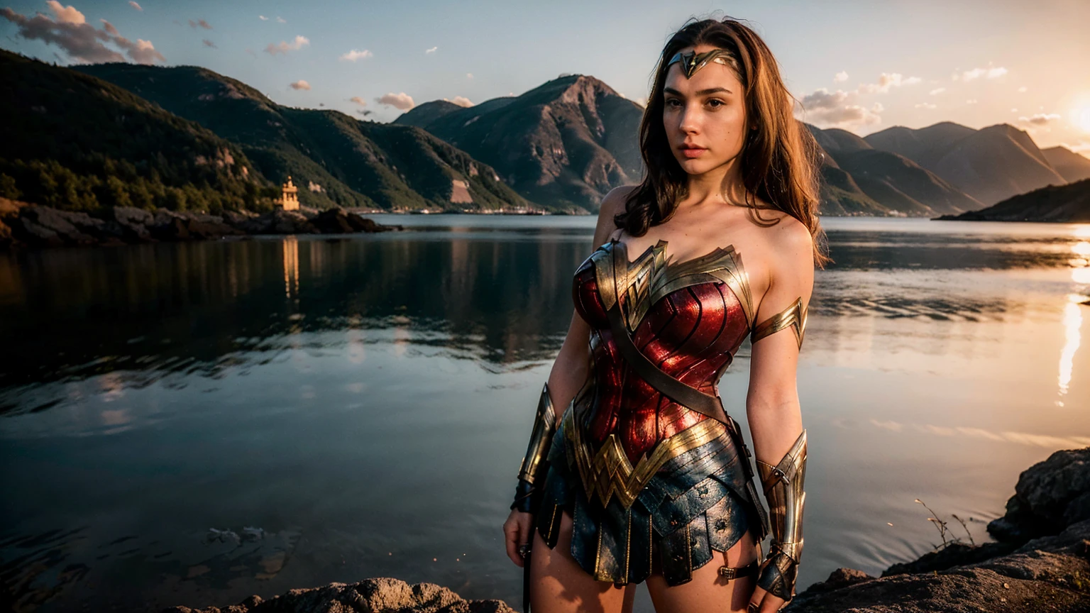((masterpiece), (solo character), (photorealistic:1.4), ),(best quality), (epiCRealLife), (g4lg), (g4lg large breasts), (g4lg show cleavages), (Gal Godot in wonder woman costume), (lora:epiCFlashPhoto),(flashphoto), (flash photography) (look at viewers), , (photoshoot), (wonder woman theme), (outdoor photoshoot), (daytime), (Gal Godot lakeside), (boots)