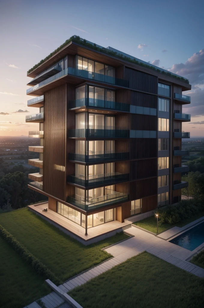 Generate a high resolution image with realistic details of a 7-story Zaha Hadid style building with wood and metal texture, the ground floor of the building must have a reception and an infinity pool with landscape to the horizon, rural landscape at dusk in high quality, 8k UHD