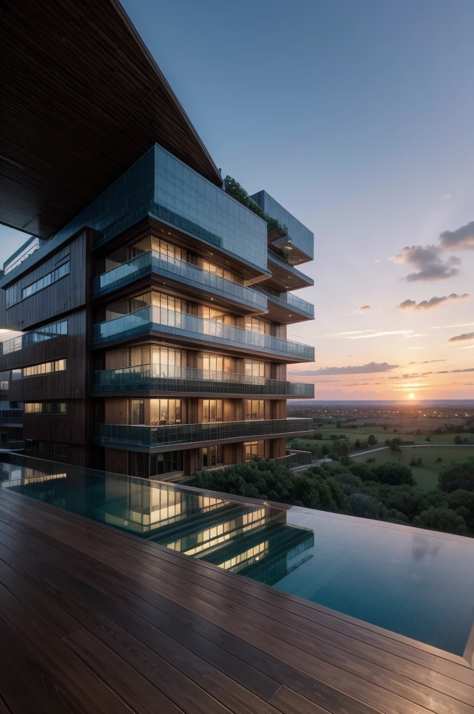 Generate a high resolution image with realistic details of a 7-story Zaha Hadid style building with wood and metal texture, the ground floor of the building must have a reception and an infinity pool with landscape to the horizon, rural landscape at dusk in high quality, 8k UHD