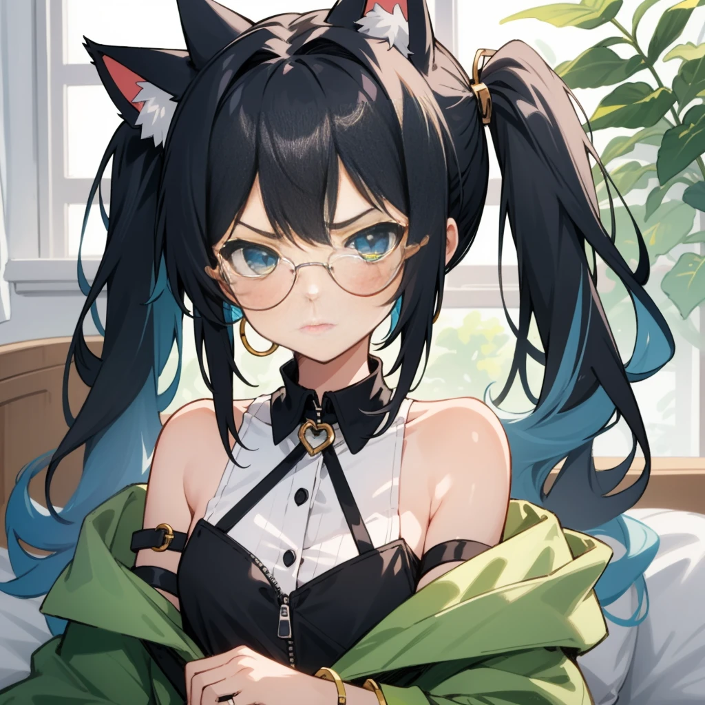1girl, long hair, (twintails), cat ears, black cat ears, portrait, multicolored hair, black hair, sidelocks, blue hair, wavy hair, eyeliner, jewelry, o-ring, neck ring, buttons, round sunglasses, glasses on head, bracelet, bare shoulders, green jacket, off shoulder, zipper, annoyed, tsundere, looking at viewer, blush, indoors, bedroom, window, sunrays, hearts, masterpiece, score_9, score_8_up, score_7_up