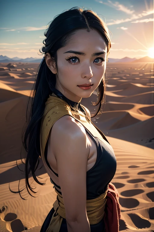 masterpiece, Transitioning desert landscape at sunset, Lonely Person, A beautiful 20-year-old woman appears dressed in nomadic clothing., Post-apocalyptic clothing. Layers of tattered cloth, unconventional accessories, 風化した外観はbornき残りと回復力のオーラを醸し出す, 16K, Ultra-high resolution.Realistic, Ultra-high resolution, born